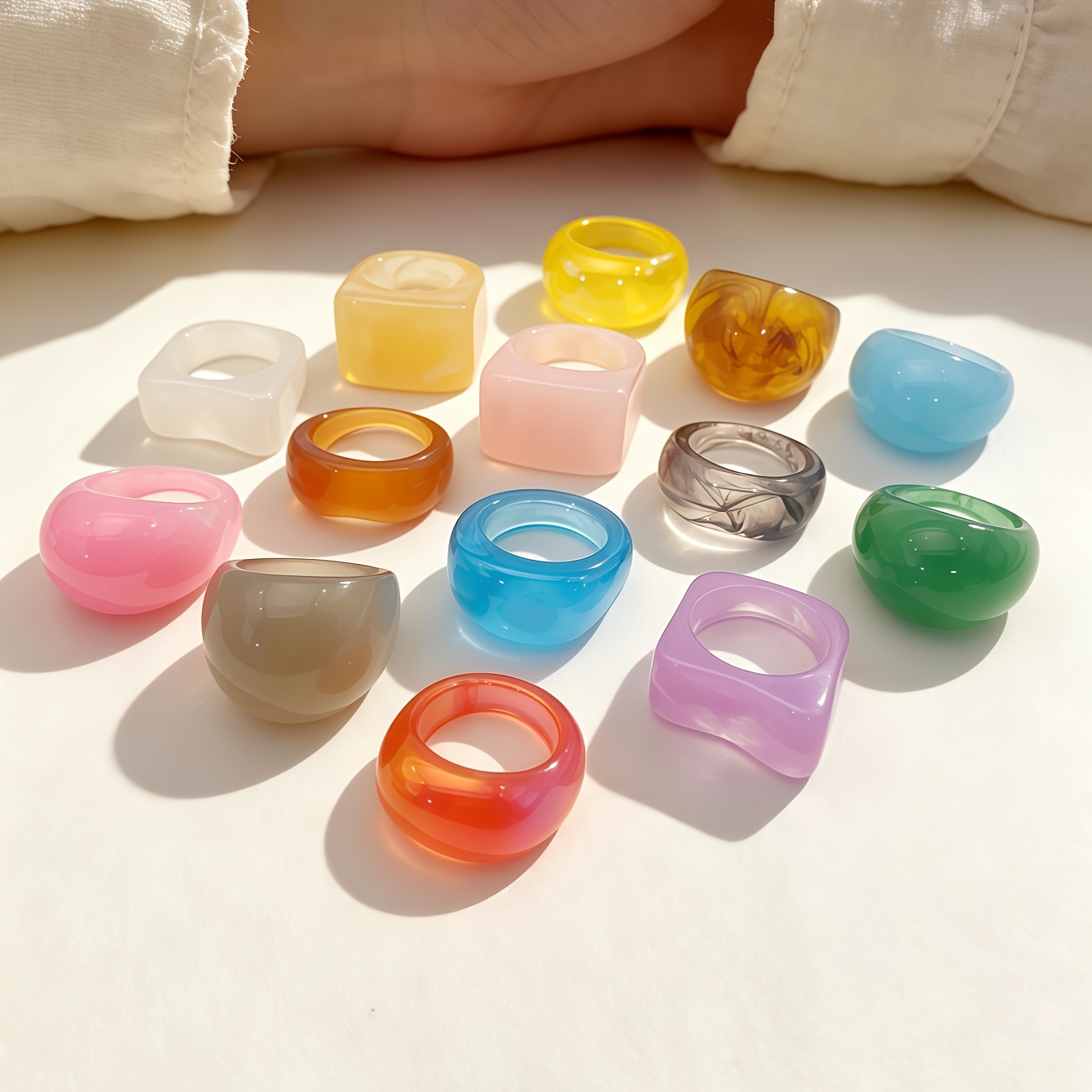 14pc Mixed-Style Colored Resin Ring Set, Trendy